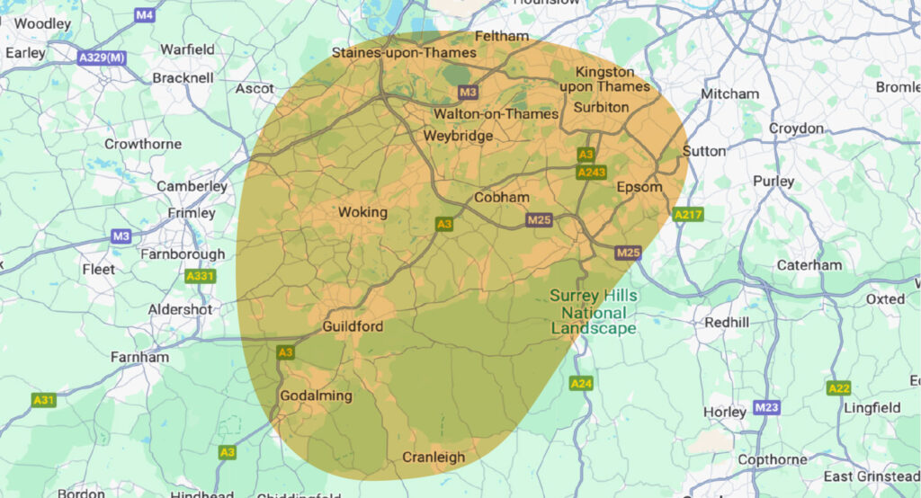 Surrey Contracting coverage area covering Surrey and surrounding regions including Guildford, Woking, Cobham, Leatherhead, Epsom, Kingston upon Thames, Walton-on-Thames, Weybridge, Godalming and Cranleigh.