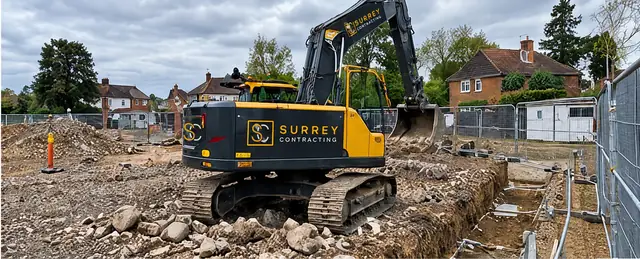 Surrey Contracting excavator working on a cleared site with spoil and temporary fencing