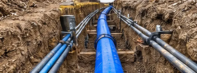 Open trench with a water main and service ducts laid in it