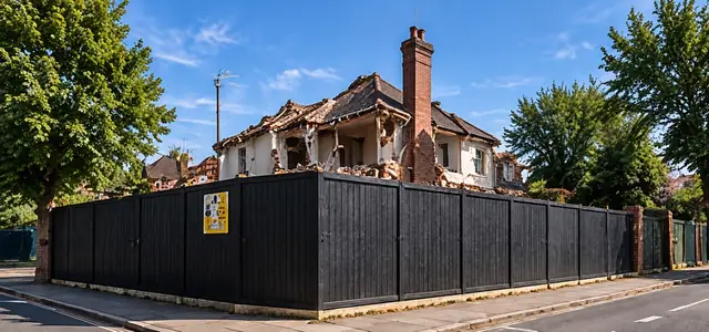 Black timber site hoarding along the pavement in front of a house under demolition