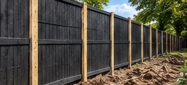 Black timber hoarding fixed to timber posts set into the ground