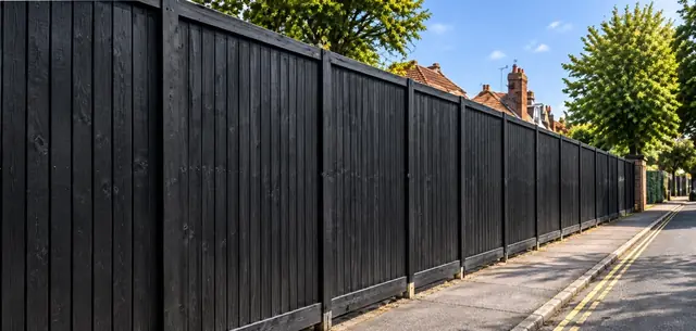 Solid black timber hoarding running along a pavement