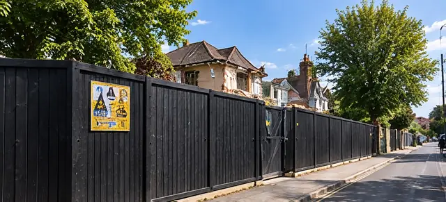 Black site hoarding with safety signage along a residential street