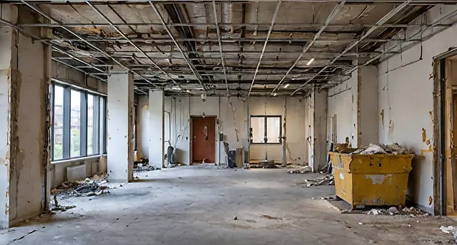Office floor stripped back to the ceiling grid, with a skip of strip-out waste