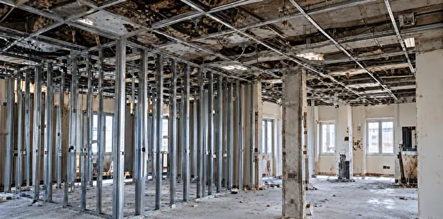 Metal stud partition framing and ceiling grid left exposed after the boards are removed