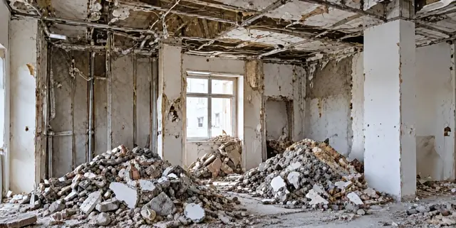 Building interior stripped to its structure, with debris piled ahead of demolition