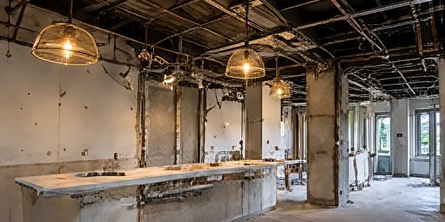 Restaurant interior part way through strip-out, with the counter and pendant lights still in place