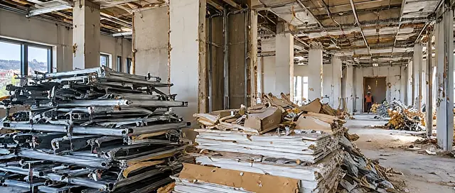 Stripped-out ceiling grid and boards stacked separately for recycling